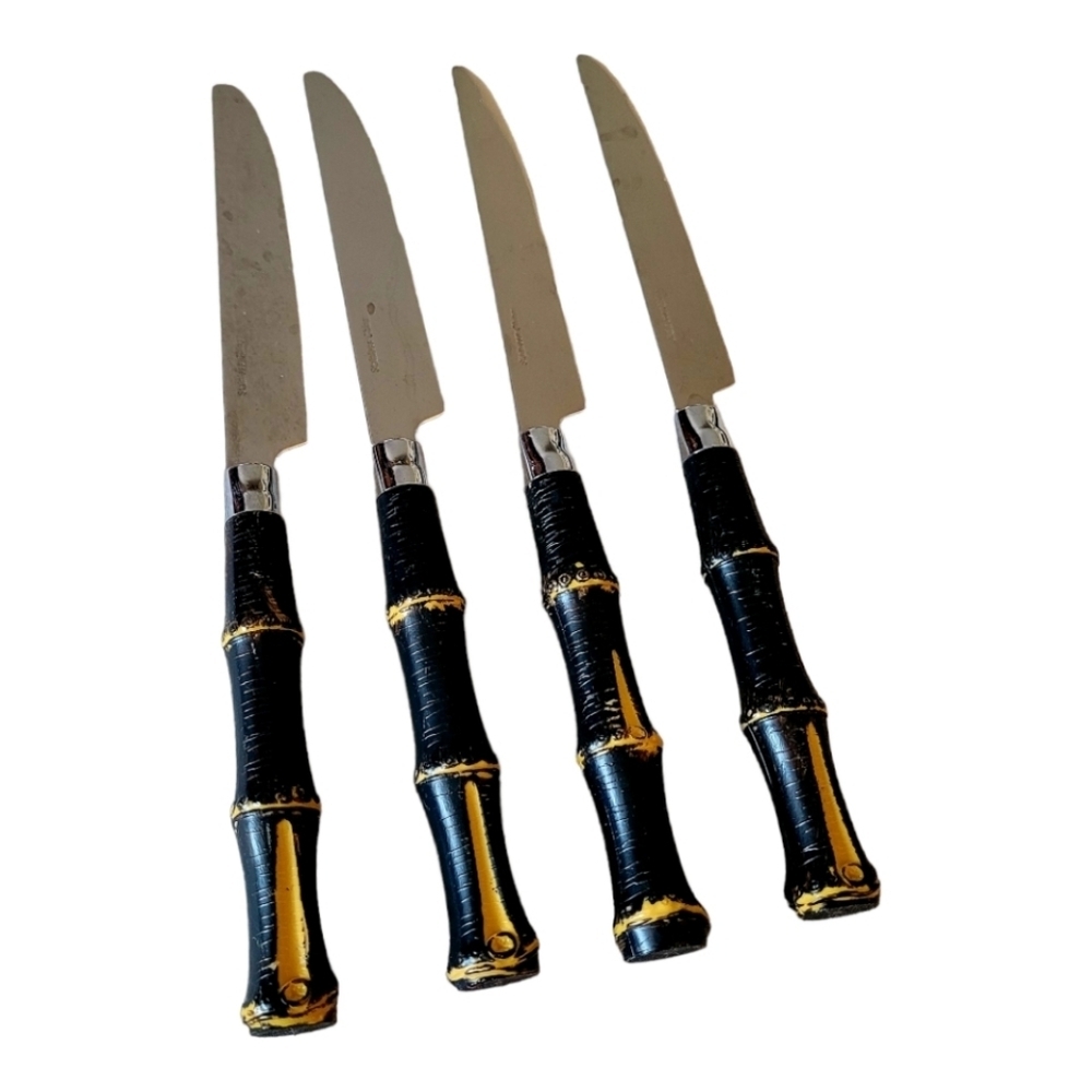 Vintage Bamboo Handled Dinner Knives Dark Brown Stainless Steele Set of 4